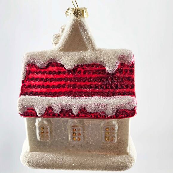 Robert Stanley red cottage house w bottle brush tree Glass Christmas Ornament - Picture 3 of 4